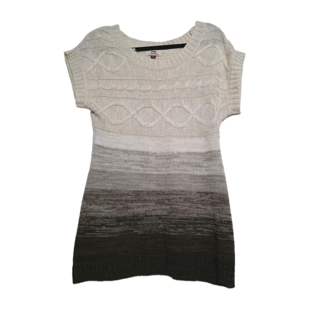 Vintage Y2K Short Sleeve Cable Knit Sweater Womens XL Beige Brown Ombre Boho